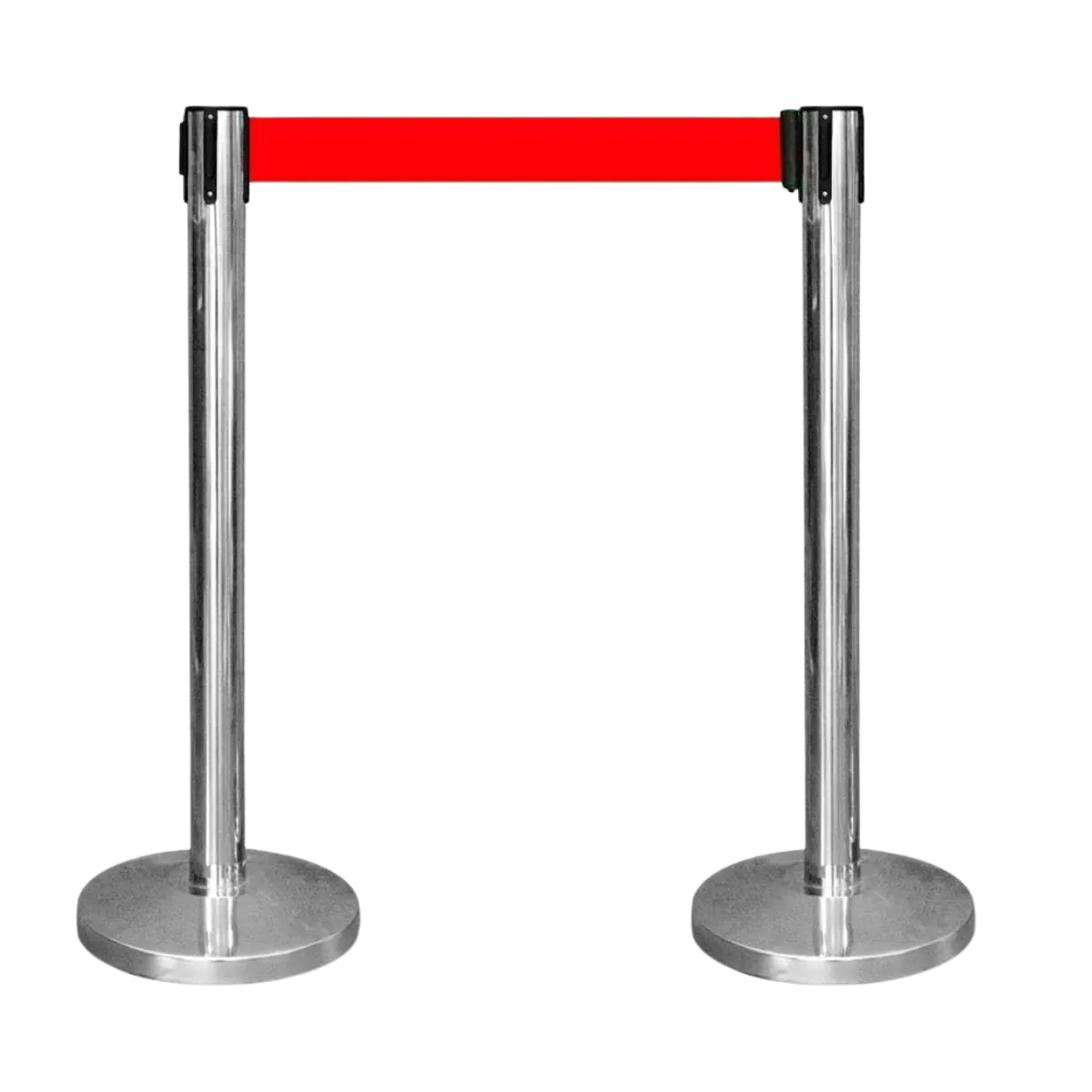 Two polished chrome belt stanchion posts with a red belt drawn between them