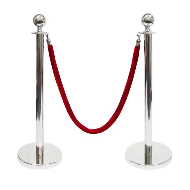 Polished chrome rope stanchion post with a navy silver-end velvet rope