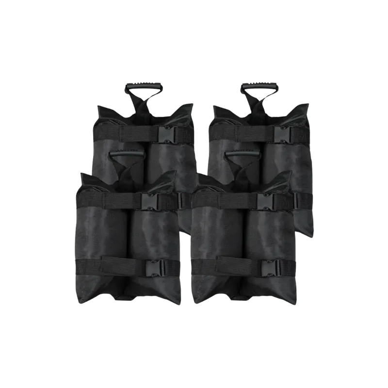 Four black sandbag weights with carrying handles and buckled nylon straps