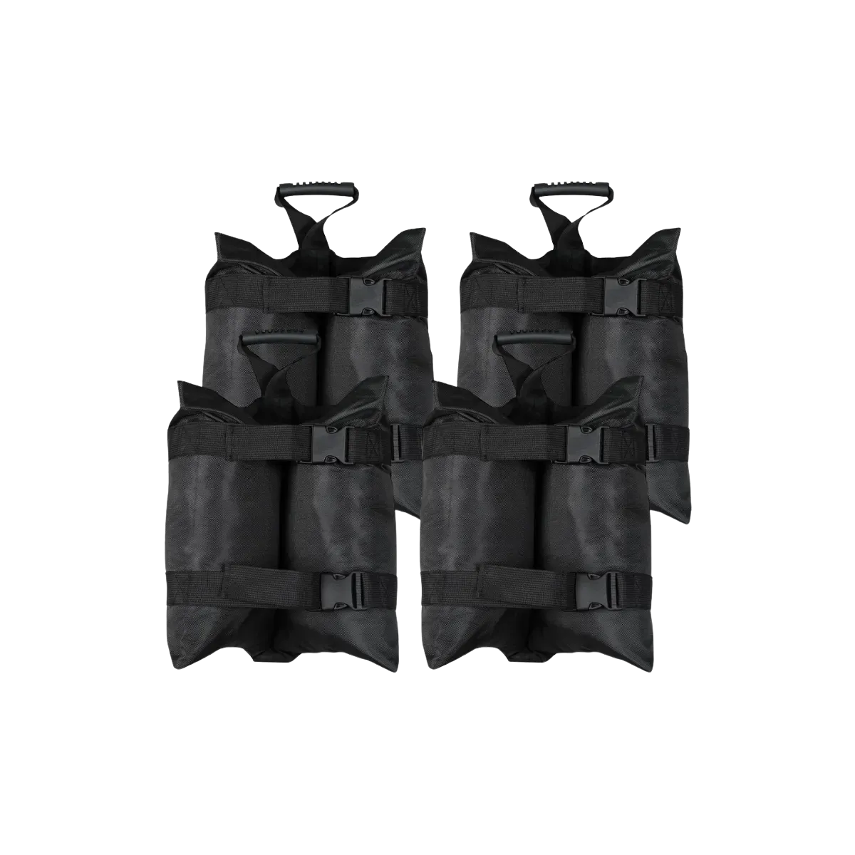Four black sandbag weights with carrying handles and buckled nylon straps