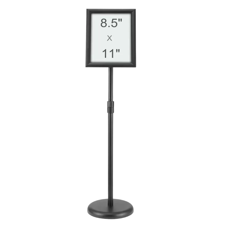 Free-standing sign stand on its own base with an 8.5 × 11 in frame